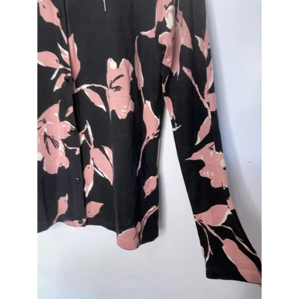 Escada Black Pink Floral Wool Silk Button Front Cardigan Size Medium